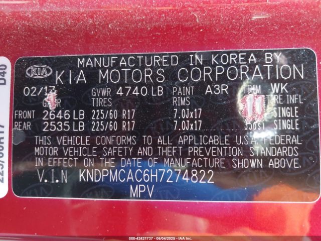 KNDPMCAC6H7274822 KIA Sportage Lx