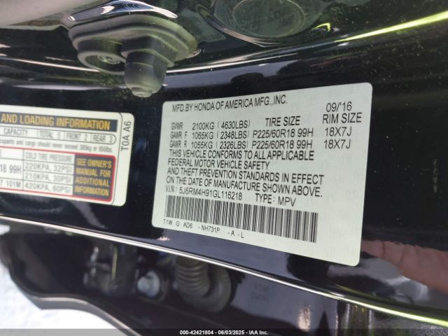 5J6RM4H91GL116218 Honda Cr-v Touring