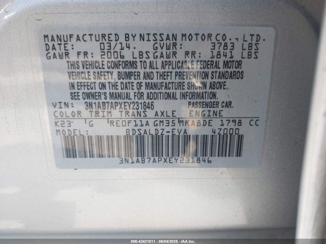 3N1AB7APXEY231846 Nissan 2014