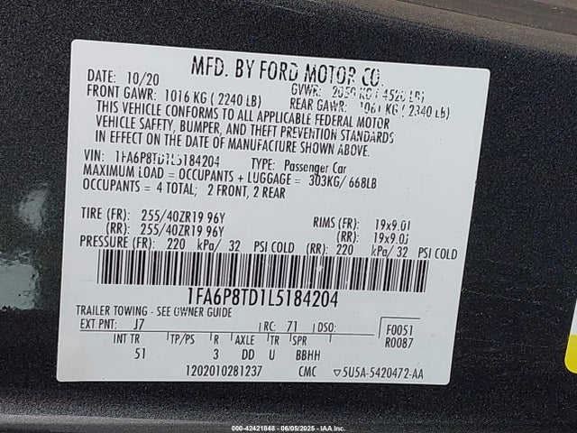 1FA6P8TD1L5184204 Ford 2020