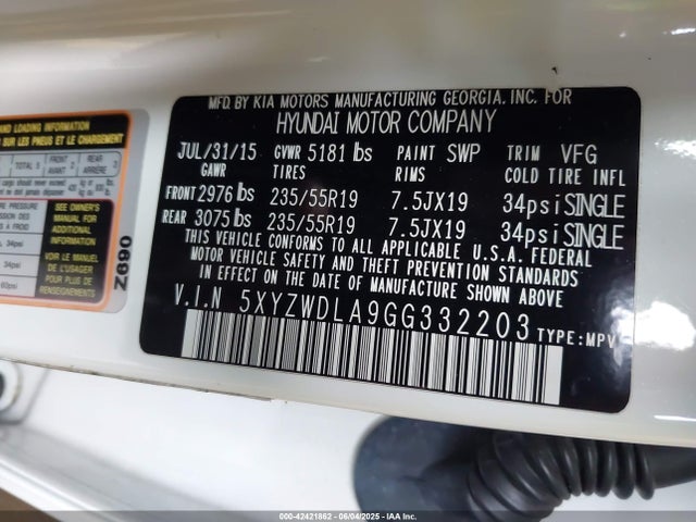5XYZWDLA9GG332203 Hyundai t-gdi theta ii