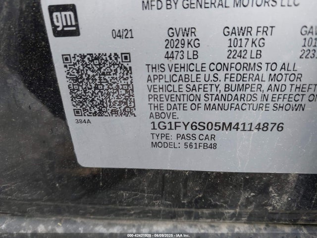 1G1FY6S05M4114876 Chevrolet 2021