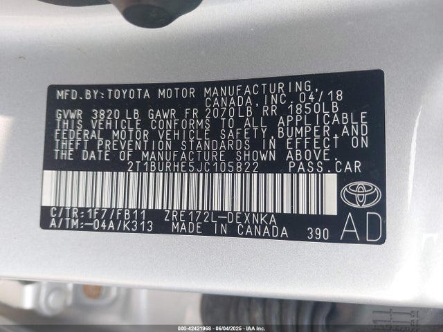 2T1BURHE5JC105822 Toyota 2zr-fe