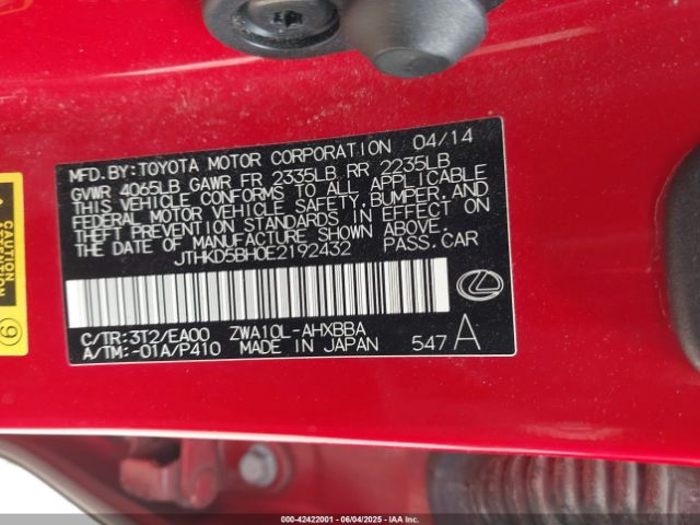 JTHKD5BH0E2192432 Lexus CT 200H