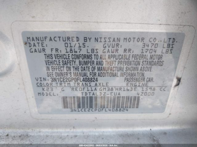 3N1CE2CP0FL408824 Nissan Versa Note S (sr)/s Plus/sl/sr/sv