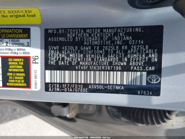 4T4BF1FK3ER387196 Toyota 2ar-fe