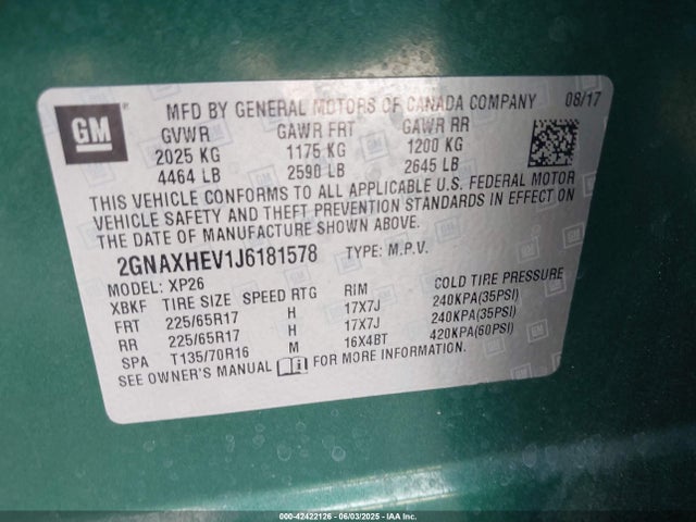 2GNAXHEV1J6181578 Chevrolet lyx - direct injection, vvt, fgt, turbo, alum, gen1