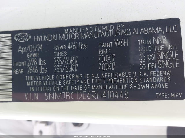 5NMJBCDE6RH410448 Hyundai TUCSON SEL