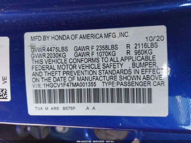 1HGCV1F47MA001355 Honda l15be