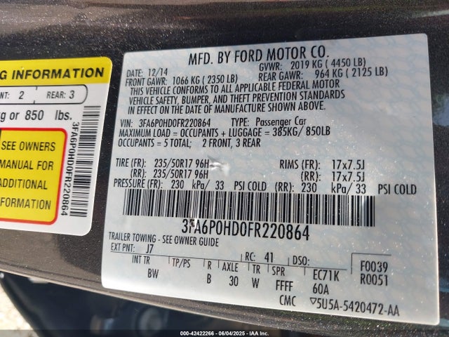 Ford FUSION SE 2015 3FA6P0HD0FR220864 Image 9