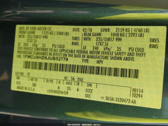 1FMCU9HD9JUB52779 Ford ESCAPE SEL