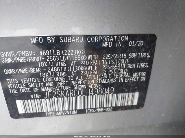 Subaru naturally aspirated u5 2020 JF2SKARC0LH498049 Image 9