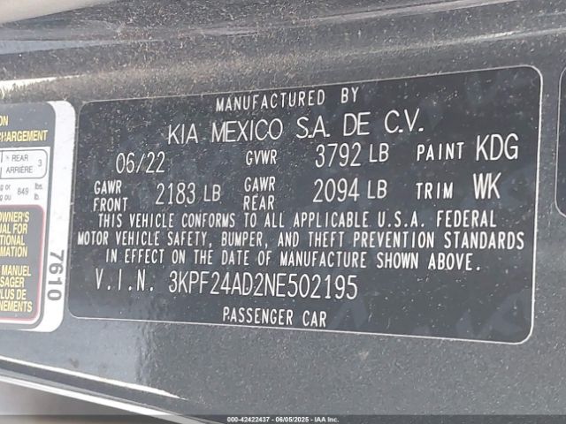 3KPF24AD2NE502195 KIA Forte Lxs