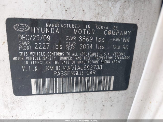 Aukcja sprzedaży 2010 Hyundai Elantra Gls, vin: KMHDU4AD1AU982738, numer aukcji: 42422584