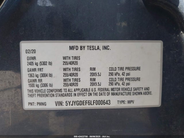 2020 TESLA MODEL Y 5YJYGDEF6LF000643 Photo 8