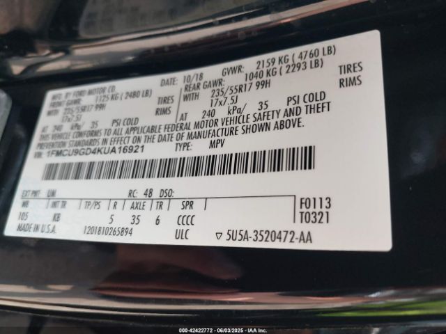2019 FORD ESCAPE 1FMCU9GD4KUA16921 Photo 8