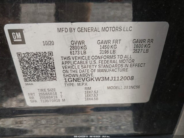 1GNEVGKW3MJ112008 Chevrolet Traverse Awd Lt Cloth