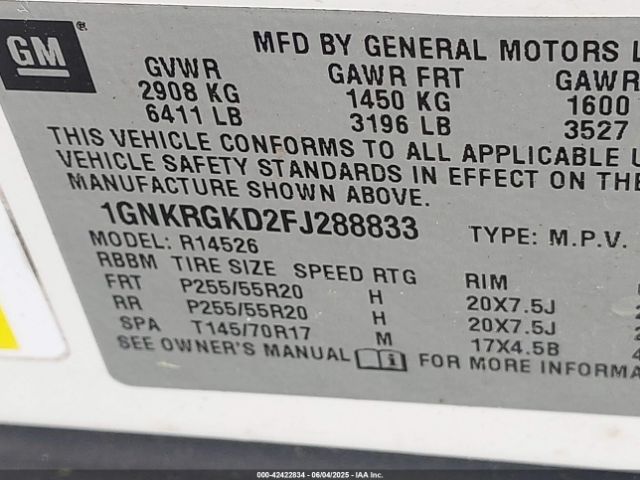 1GNKRGKD2FJ288833 Chevrolet Traverse 1lt