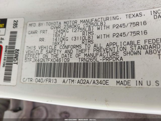 5TFJX4GN7FX046109 Toyota Tacoma Prerunner