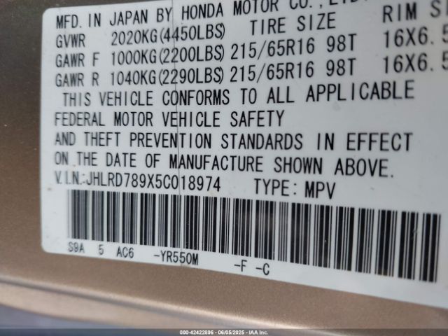 2005 HONDA CR-V JHLRD789X5C018974 Photo 8