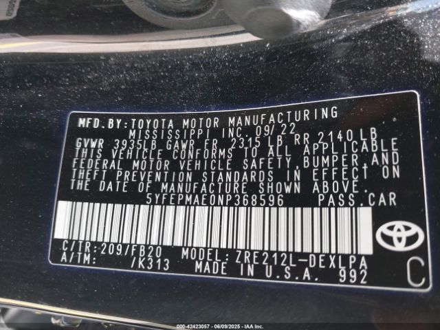5YFEPMAE0NP368596 Toyota COROLLA LE