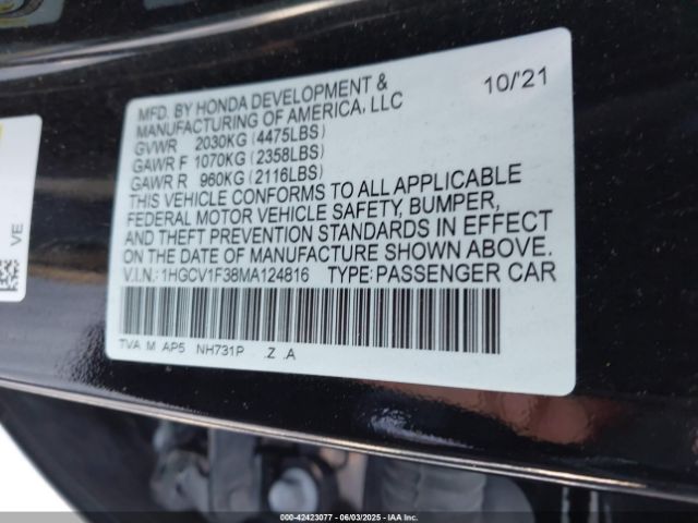 1HGCV1F38MA124816 Honda Accord Sport
