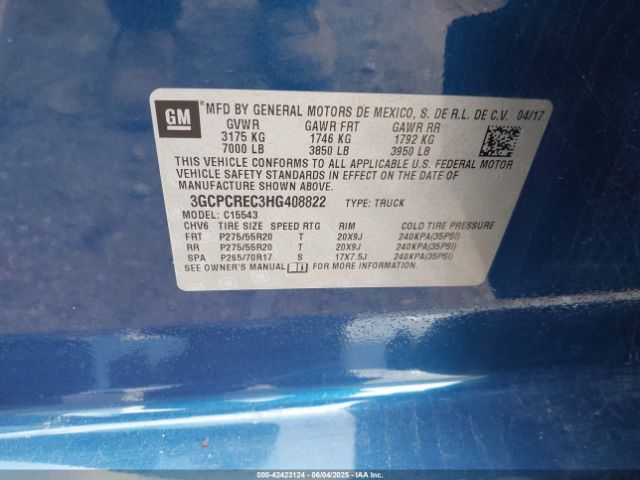 3GCPCREC3HG408822 Chevrolet Silverado 1500 1lt