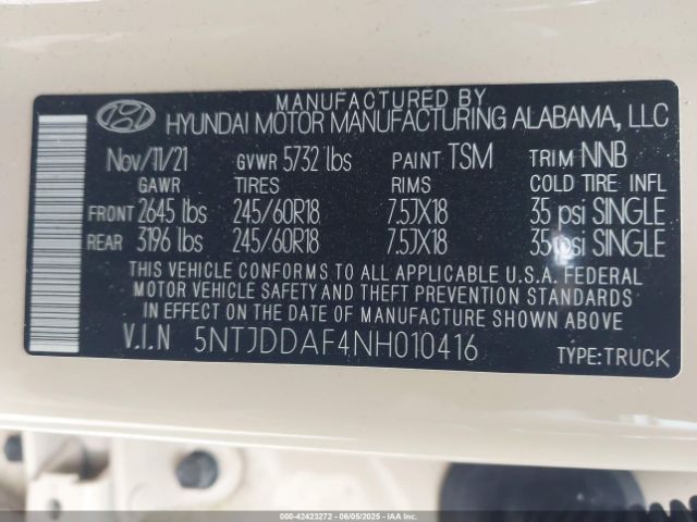 5NTJDDAF4NH010416 Hyundai Santa Cruz Sel Premium
