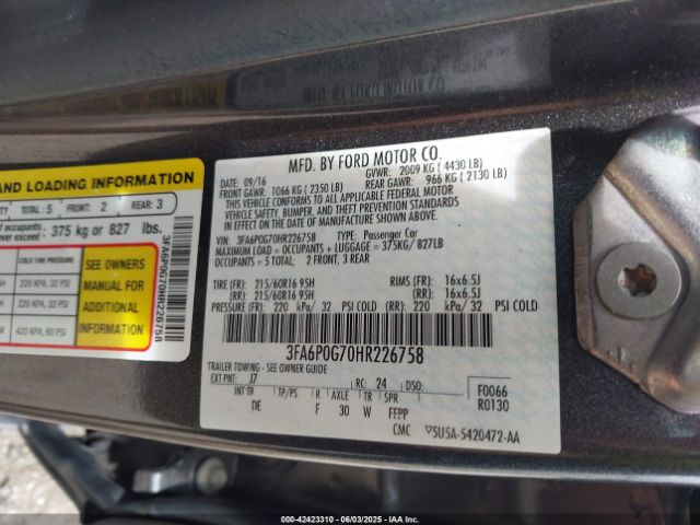 3FA6P0G70HR226758 Ford FUSION S