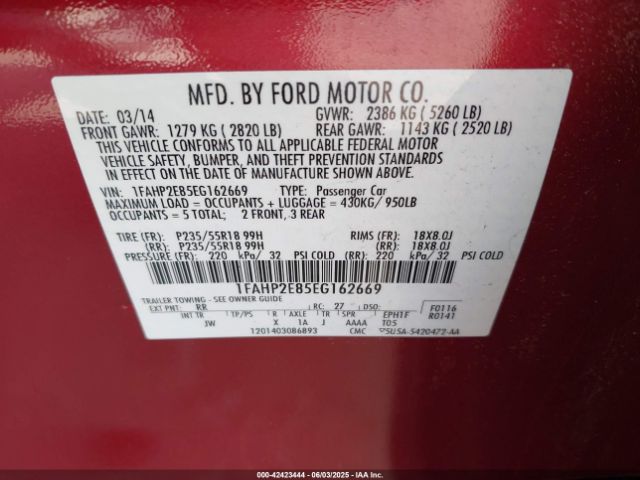 1FAHP2E85EG162669 Ford TAURUS SEL