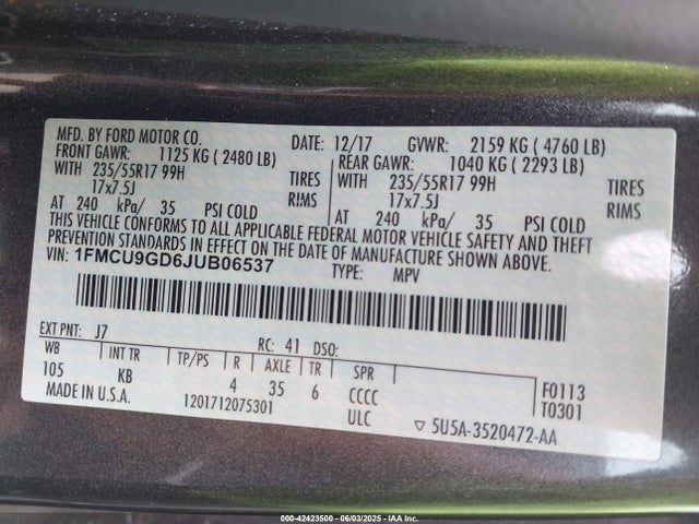 1FMCU9GD6JUB06537 Ford 1.5l gtdi sigma w/premium fuel