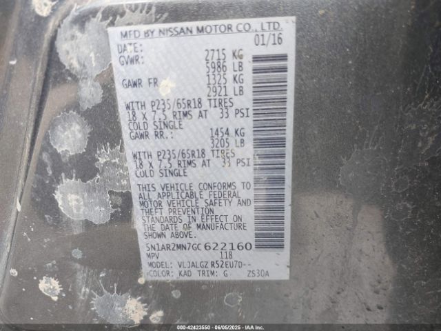 5N1AR2MN7GC622160 Nissan Pathfinder Sl
