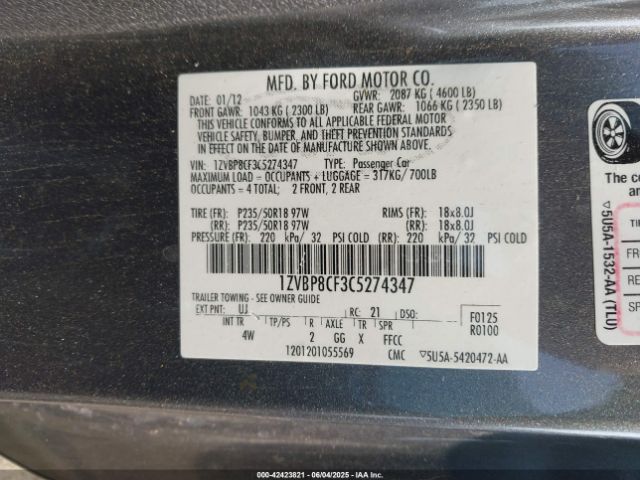 2012 FORD MUSTANG 1ZVBP8CF3C5274347 Photo 8