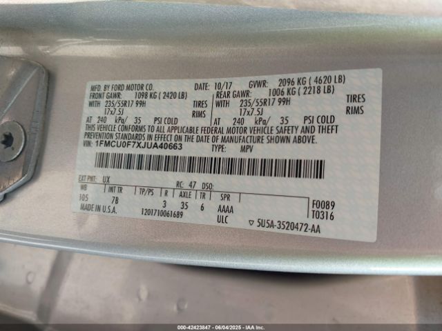 2018 FORD ESCAPE 1FMCU0F7XJUA40663 Photo 8