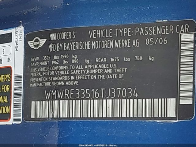 2006 MINI COOPER S WMWRE33516TJ37034 Photo 8
