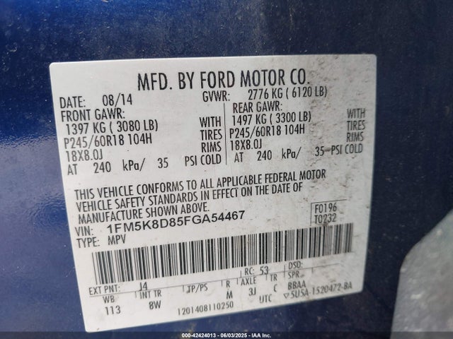 1FM5K8D85FGA54467 Ford EXPLORER XLT