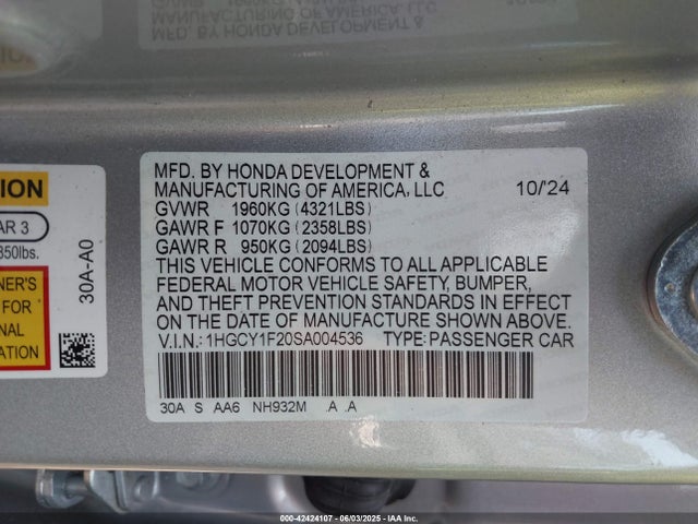 Продаж на аукціоні авто 2025 Honda Accord Lx, vin: 1HGCY1F20SA004536, номер лоту: 42424107