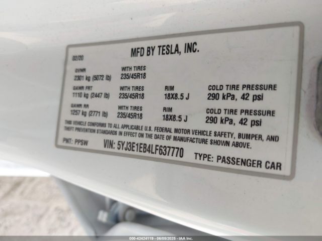 2020 TESLA MODEL 3 5YJ3E1EB4LF637770 Photo 8