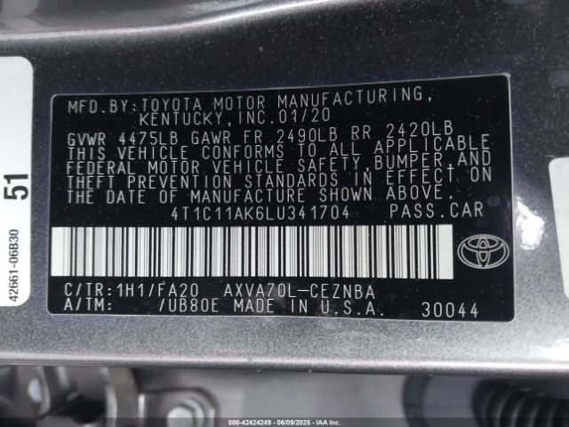 2020 TOYOTA CAMRY 4T1C11AK6LU341704 Photo 8