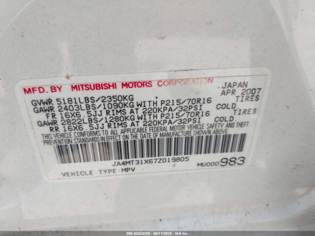 2007 MITSUBISHI OUTLANDER JA4MT31X67Z019805 Photo 8