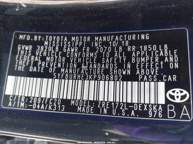 5YFBURHE3KP906802 Toyota COROLLA SE