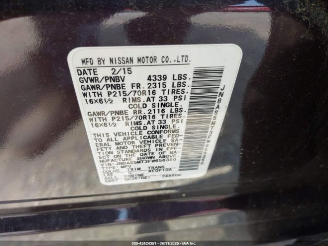 JN8AS5MT3FW656350 Nissan Rogue Select S
