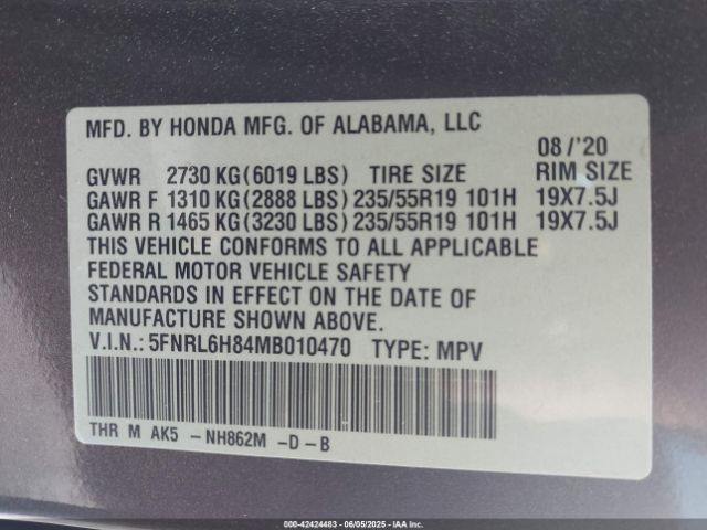 2021 HONDA ODYSSEY 5FNRL6H84MB010470 Photo 8