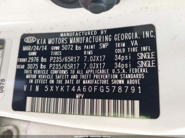 5XYKT4A60FG578791 KIA SORENTO LX