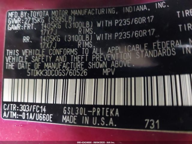 5TDKK3DC0GS760526 Toyota Sienna Le 8 Passenger