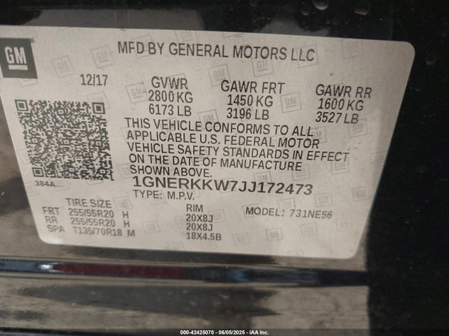 1GNERKKW7JJ172473 Chevrolet lfy - spark ignited direct injection, atss, gen 1