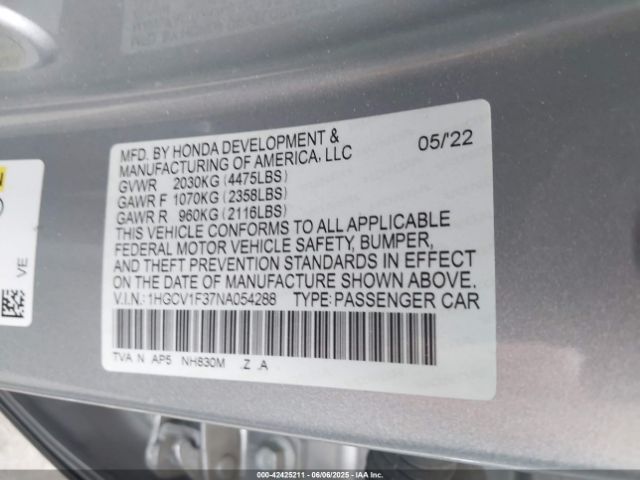 2022 HONDA ACCORD 1HGCV1F37NA054288 Photo 8