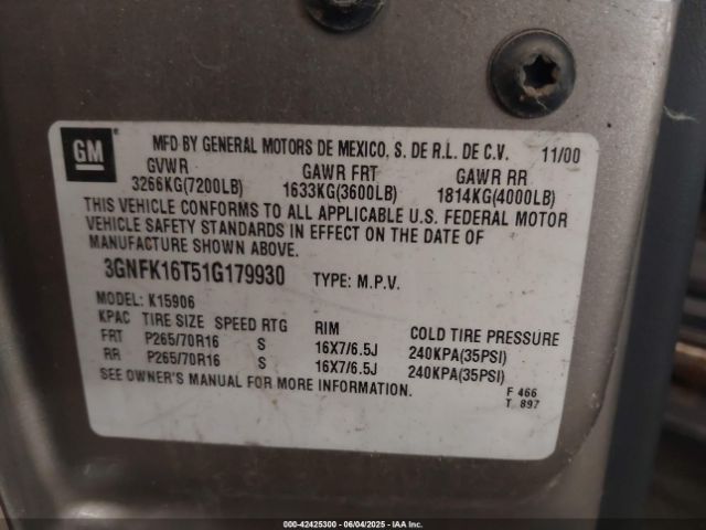 2001 CHEVROLET SUBURBAN 1500 3GNFK16T51G179930 Photo 8