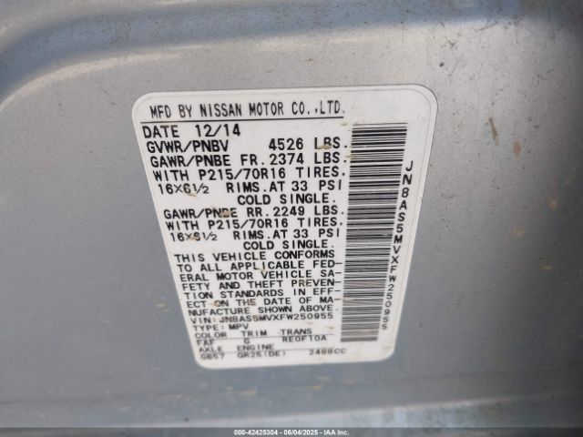 JN8AS5MVXFW250955 Nissan Rogue Select S