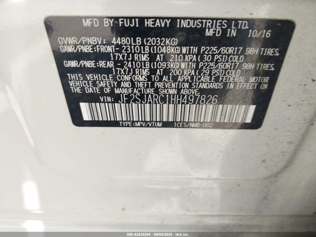 JF2SJARC1HH497826 Subaru naturally aspirated u5